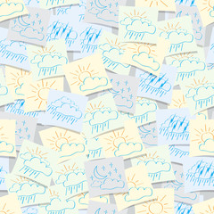 Weather Icons placed on seamless background. Sun, rain, clouds and other patterns on sheets of paper.