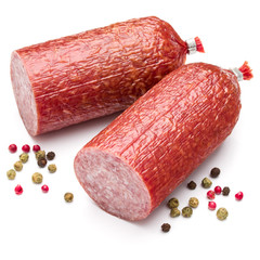 Salami smoked sausage and peppercorns isolated on white backgrou