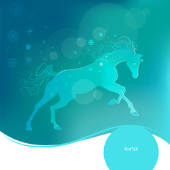 Time year - winter. Brightly glowing vector illustration of a galloping horse. Juicy blue aquamarine background. Design elements.