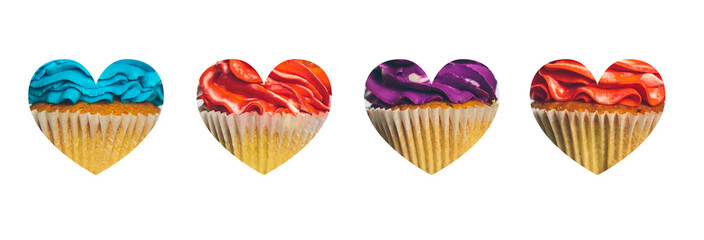 heart with a background of colorful cupcakes on white 