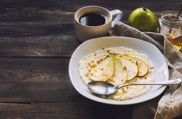 Ricotta cheese with pear,crushed walnuts and honey