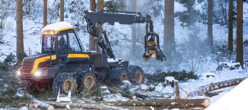 modern forestry machine in a winter forest