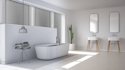 Scandinavian bathroom, white minimalistic interior design, abstr