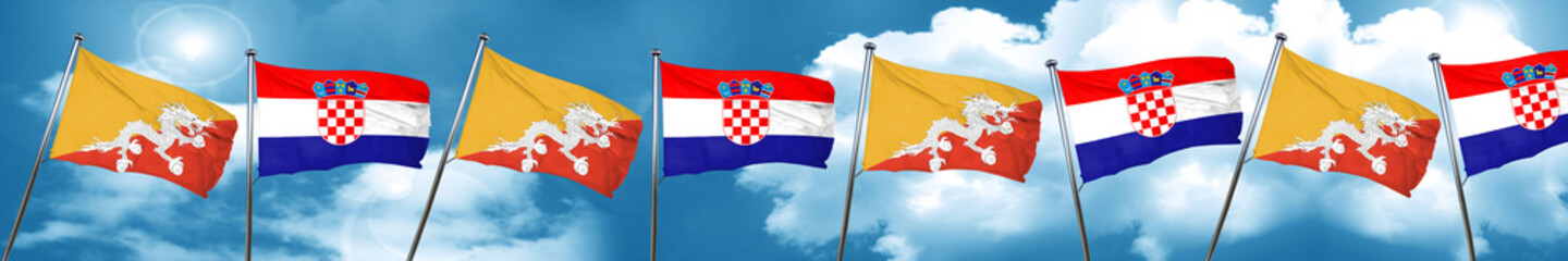 Bhutan flag with Croatia flag, 3D rendering