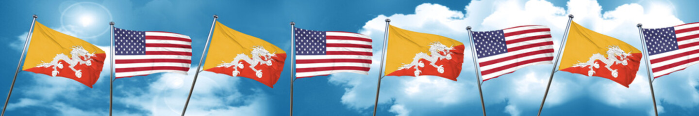Bhutan flag with American flag, 3D rendering