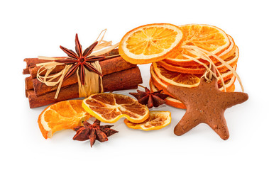 Dried oranges, star anise, cinnamon sticks and gingerbread, isolated on white background