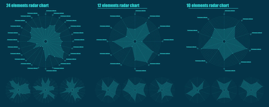Set of Infographic pattern. 10, 12, 24 elements radar chart. The same text inscription for example. Different empty chart with no labels. Vector illustration.