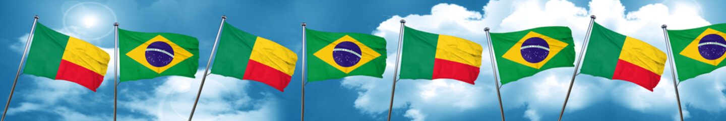 Benin flag with Brazil flag, 3D rendering