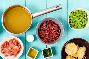 Bacon, Vegetable Stock, Beans and Peas And Vermicelli Pasta Food Ingredients For Minestrone Soup...