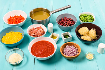 Red and Yellow Capsicum, Onion, Bacon, Vegetable Stock, Ketchup, Beans and Peas And Vermicelli Pasta Food Ingredients For Minestrone Soup Recipe