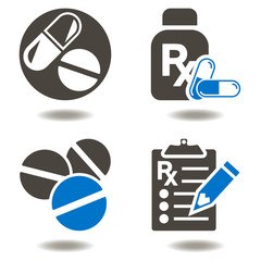 Drug pill bottle RX clipboard vector icon set. Pharmacy medicine health care web treatment support concept. Capsule vaccination medical medicament ambulance first aid service help illustration - obrazy, fototapety, plakaty