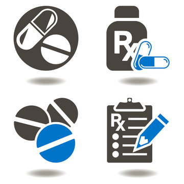 Drug Pill Bottle RX Clipboard Vector Icon Set. Pharmacy Medicine Health Care Web Treatment Support Concept. Capsule Vaccination Medical Medicament Ambulance First Aid Service Help Illustration