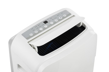 Studio closeup product shot of a portable air conditioner or mobile dehumidifier isolated on white background with copy space. Climate control equipment