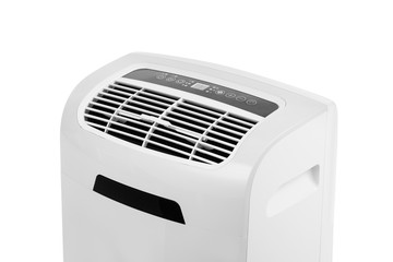 Studio closeup product shot of a portable air conditioner or mobile dehumidifier isolated on white background with copy space. Climate control equipment