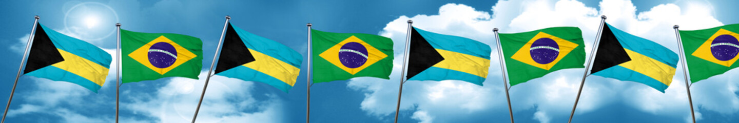 Bahamas flag with Brazil flag, 3D rendering