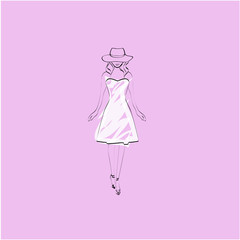 Avatar of fashion model in hat and white dress on pink  background, vector, illustration