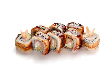 Japanese cuisine. Eel sushi roll isolated on white background.