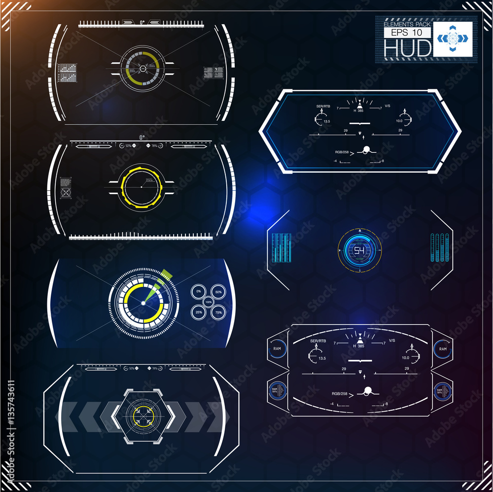 Poster set of futuristic blue infographics as head-up display. display navigation elements for the web and 