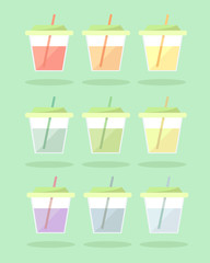 Set of lemonade in small translucent cups with straws. To leave on a picnic for children