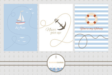 Set of three vector cards templates in marine style. Sailboat, anchors and lifebuoy.