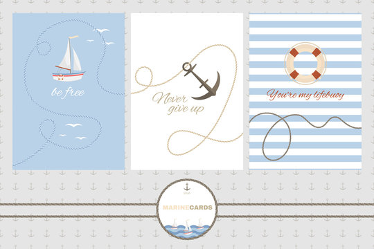 Set of three vector cards templates in marine style. Sailboat, anchors and lifebuoy.