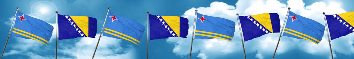aruba flag with Bosnia and Herzegovina flag, 3D rendering
