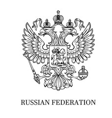 The illustration of outlined coat of arms of Russian Federation with two-headed eagle. Black and white.