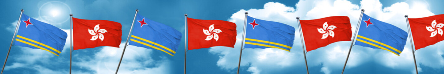 aruba flag with Hong Kong flag, 3D rendering