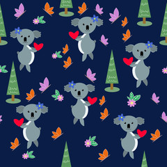 Seamless pattern of vector drawn trees, koala, butterflies and flowers.