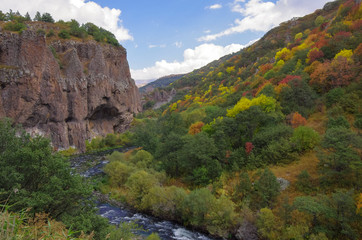 View on canyon of Arpa river near spa resort city Jermuk. Autumn's color trees. Armenia