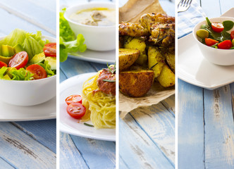 Food set salad soup vegetables grilled chicken fruits vegetables collection wooden background kitchen
