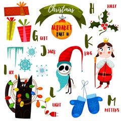 Christmas alphabet with holiday elements.