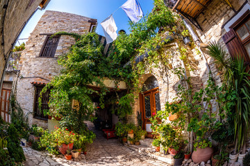 Fototapeta na wymiar Colorful quiet backyard in the village of Lefkara. Larnaca District, Cyprus