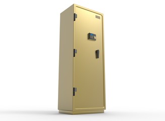 3d illustration of golden safe. white background isolated. icon for game web.