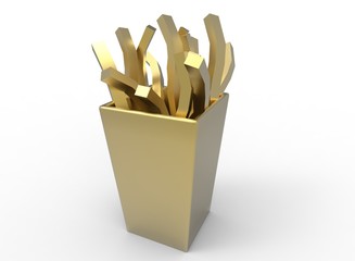 3d illustration of golden cartoon french fries. white background isolated. icon for game web.