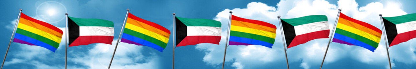 Gay pride flag with Kuwait flag, 3D rendering