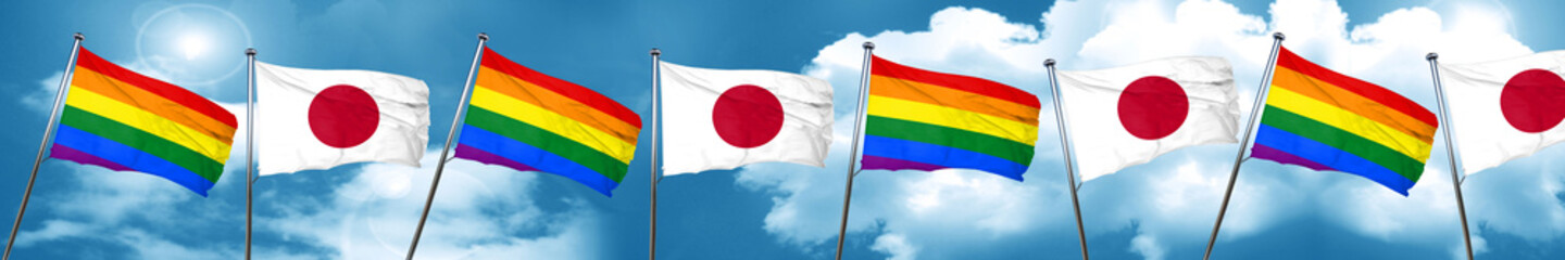 Gay pride flag with Japan flag, 3D rendering