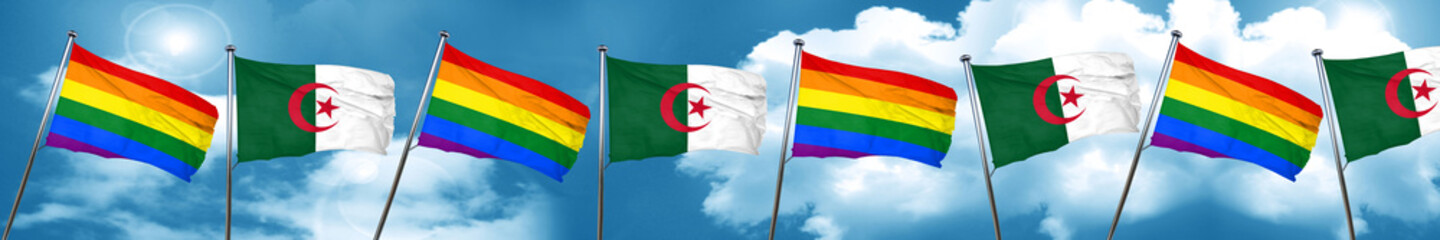Gay pride flag with Algeria flag, 3D rendering