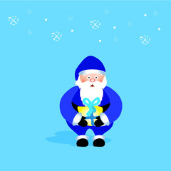 Santa Claus in blue costume holding yellow gift box on blue background 