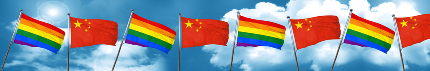 Gay pride flag with China flag, 3D rendering