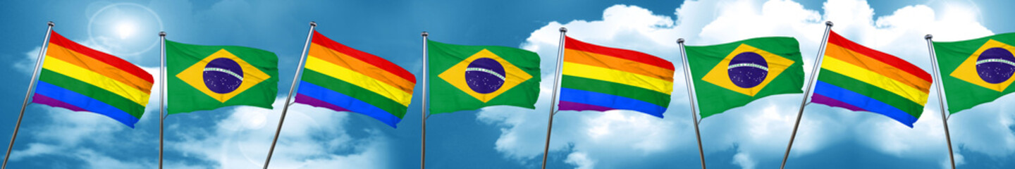 Gay pride flag with Brazil flag, 3D rendering