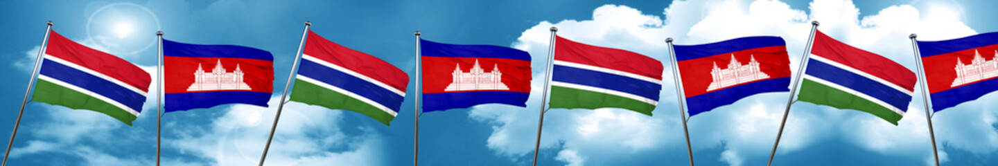 Gambia flag with Cambodia flag, 3D rendering