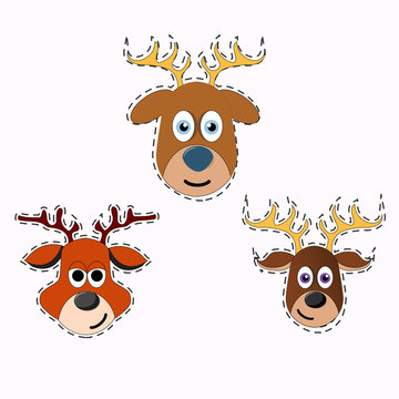 set of funny horned deer isolated on white background