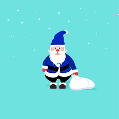 Santa Claus in blue costume holding bag on snowy background