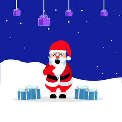 laughing Santa Claus in red costume with blue gift boxes and fir on snowy background 