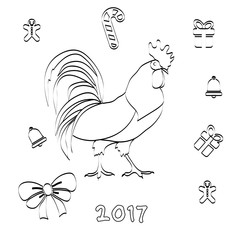 Fototapeta na wymiar greeting card with drawing of rooster and Christmas decorations isolated on white background