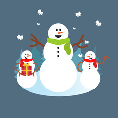 three funny snowmen with colored scarves and Christmas trees on background