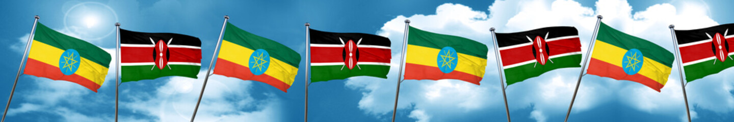 Ethiopia flag with Kenya flag, 3D rendering