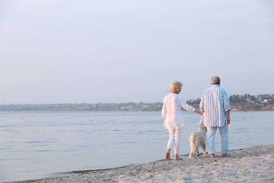 Senior couple and big dog on riverside