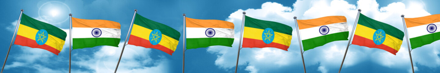 Ethiopia flag with India flag, 3D rendering